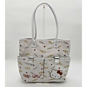 HELLO‎ KITTY Large Tote Bag Sparkly White Embroidered Silver Straps 2010 Sanrio